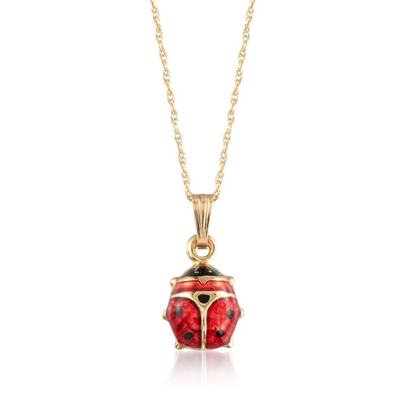 Child's Red Enamel Ladybug Pendant Necklace in 14kt Yellow Gold. 15&quot; image number 0