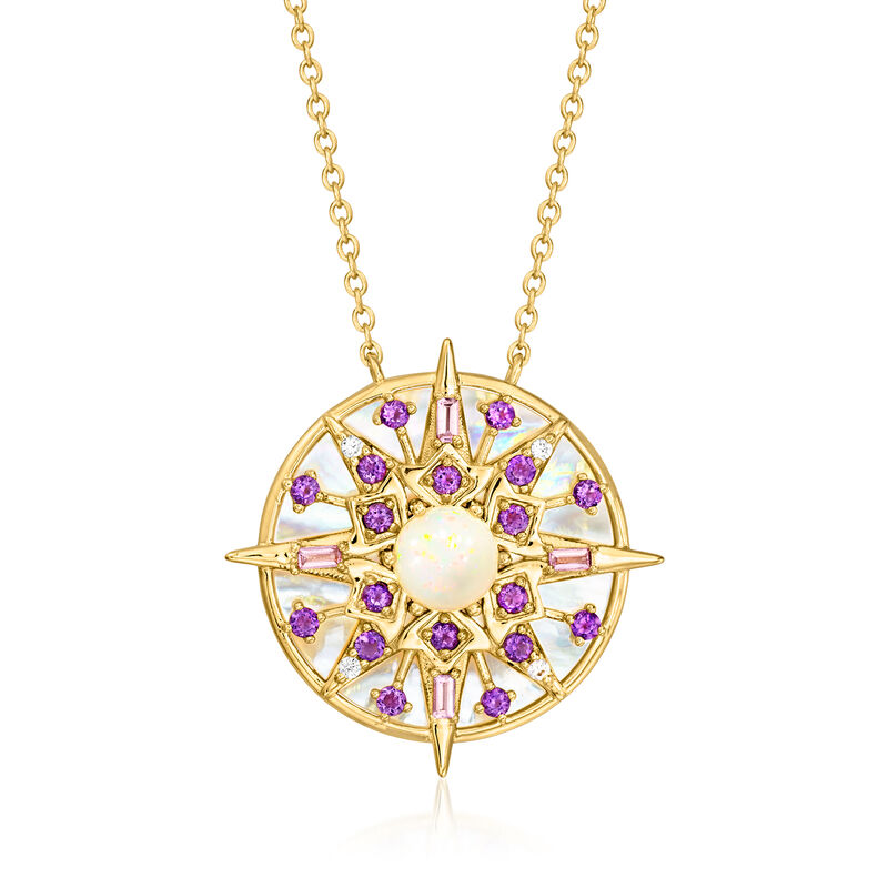 Opal, Mother-of-Pearl and .98 ct. t.w. Multi-Gemstone Compass Necklace in 18kt Gold Over Sterling. 18" image number 1