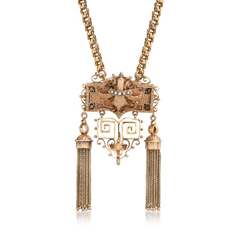 C. 1910 Vintage 14kt Yellow Gold Tassel Pin Pendant Necklace with Seed Pearls and Black Enamel. 20&quot; image number 1
