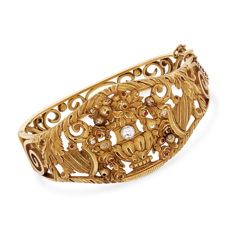 C. 1912 Vintage .35 ct. t.w. Diamond and .10 ct. t.w. Ruby Vase Carved Bangle Bracelet in 18kt Yellow Gold image number 0