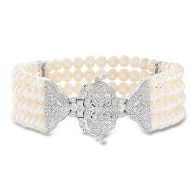4.5-5mm Cultured Pearl and .15 ct. t.w. Diamond Multi-Strand Bracelet in Sterling Silver