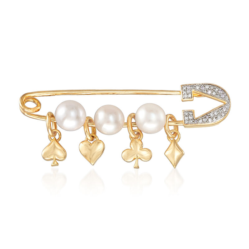 6-6.5mm Cultured Pearl and .10 ct. t.w. Diamond Charm Safety Pin in 18kt Gold Over Sterling image number 0