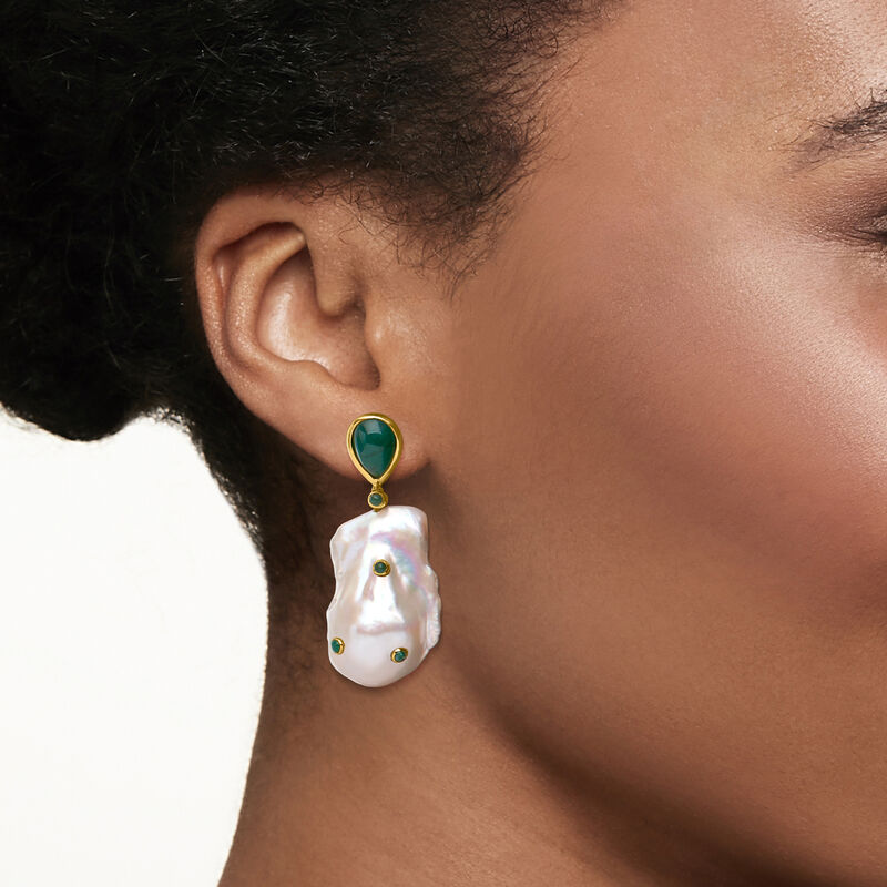 16-18mm Cultured Baroque Pearl Drop Earrings with 4.90 ct. t.w. Emeralds in 18kt Yellow Gold  image number 1