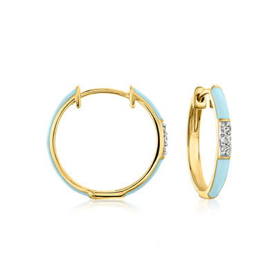 Pastel Blue Enamel Hoop Earrings with Diamonds in 18kt Gold Over Sterling