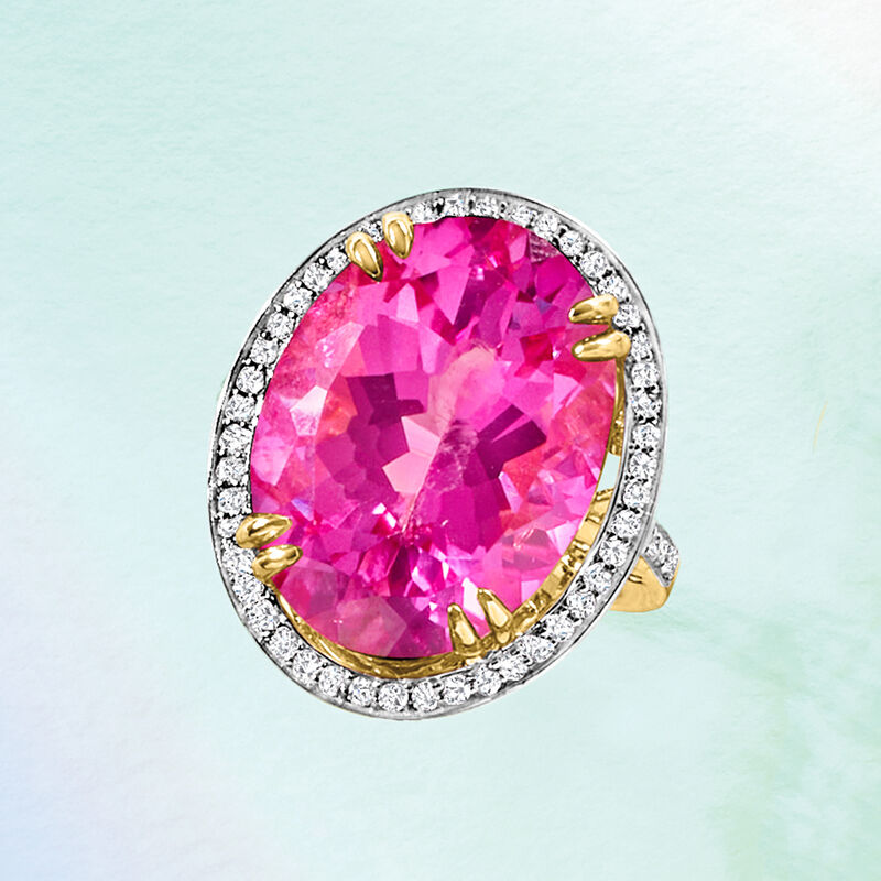 20.00 Carat Pink Topaz and .52 ct. t.w. Diamond Ring in 14kt Yellow Gold image number 8