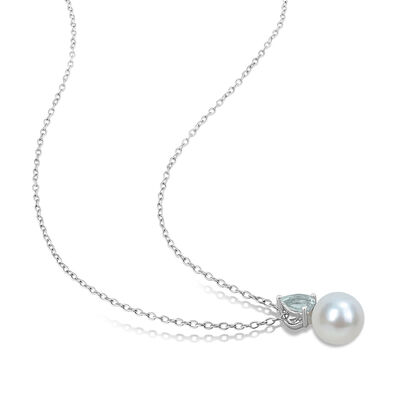 8.5-9mm Cultured Pearl and .40 Carat Aquamarine Pendant Necklace in Sterling Silver