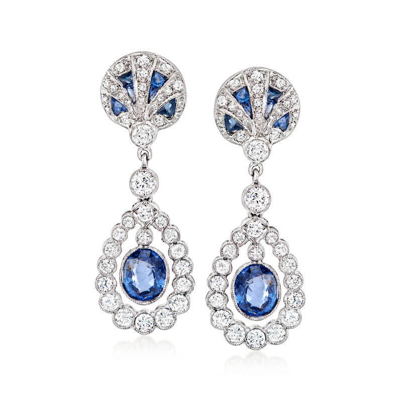 C. 2000 Vintage 2.20 ct. t.w. Sapphire and 1.55 ct. t.w. Diamond Double-Drop Earrings in 18kt White Gold image number 0