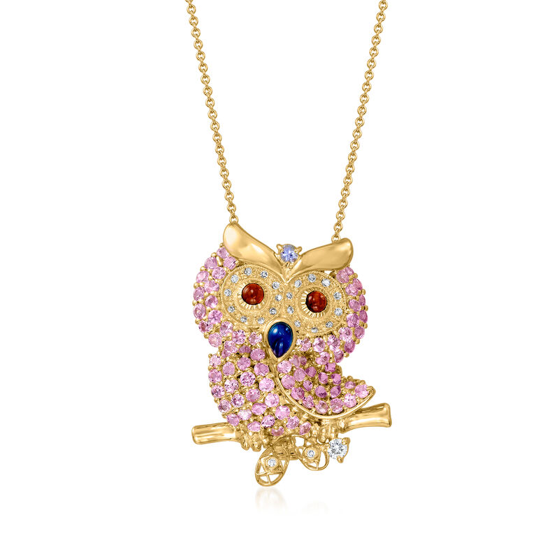 C. 2000 Vintage 2.32 ct. t.w. Multi-Gemstone and .15 ct. t.w. Diamond Owl Pendant Necklace in 18kt Yellow Gold. 16&quot; image number 0