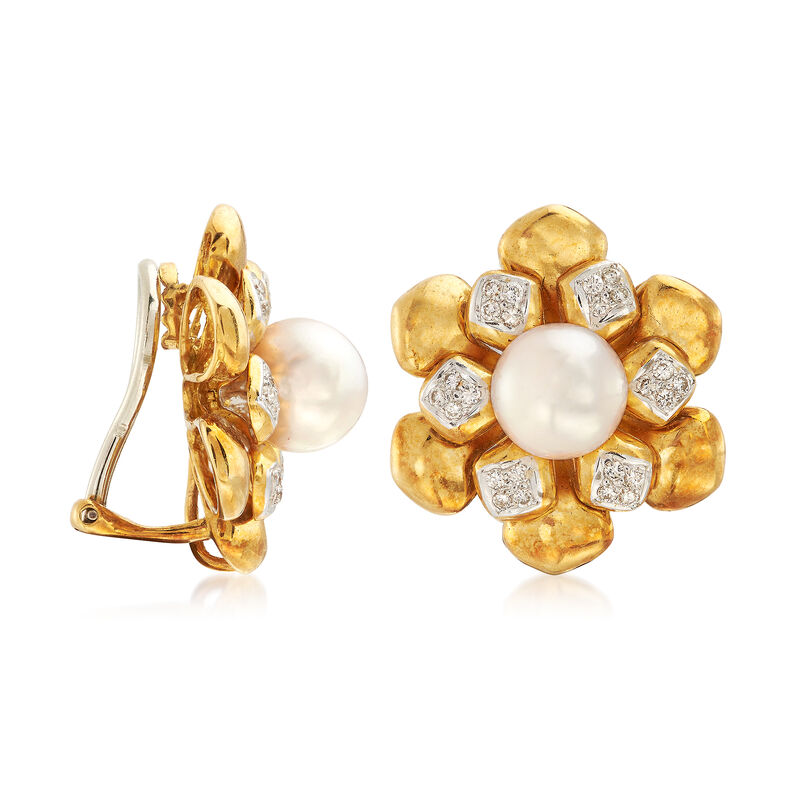 C. 1980 Vintage 9mm Cultured Pearl and .75 ct. t.w. Diamond Flower Clip-On Earrings in 18kt Yellow Gold  image number 2