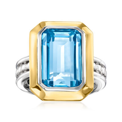 Gabriel Designs 9.75 Carat Swiss Blue Topaz Ring in Sterling Silver and 14kt Yellow Gold