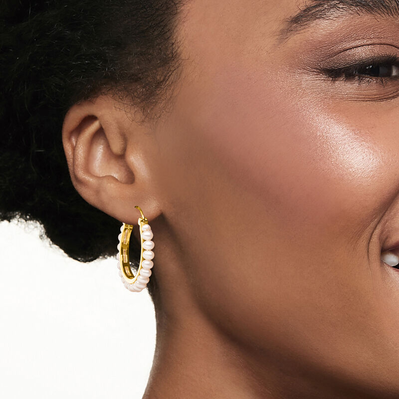 3-3.5mm Cultured Pearl Hoop Earrings in 18kt Gold Over Sterling. 1 1/8&quot; image number 1