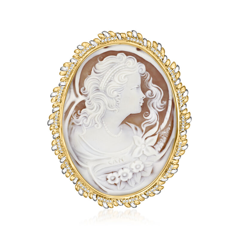 C. 1960 Vintage Brown Shell Cameo Pin/Pendant with .75 ct. t.w. Diamonds in Platinum and 18kt Yellow Gold  image number 3