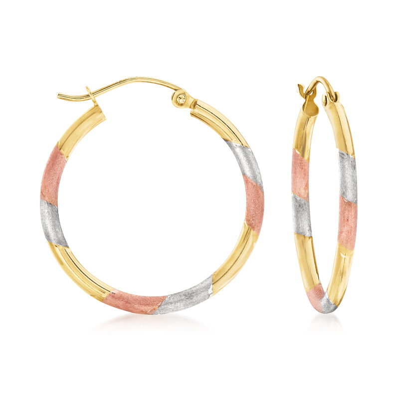 14kt Tri-Colored Gold Hoop Earrings. 1&quot; image number 0