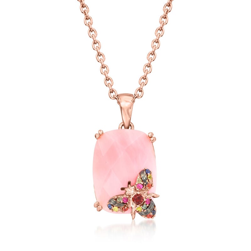 Pink Opal Bumblebee Pendant Necklace with .10 ct. t.w. Multicolored Sapphire and Garnet Accent in 18kt Rose Gold Over Sterling. 18&quot; image number 1