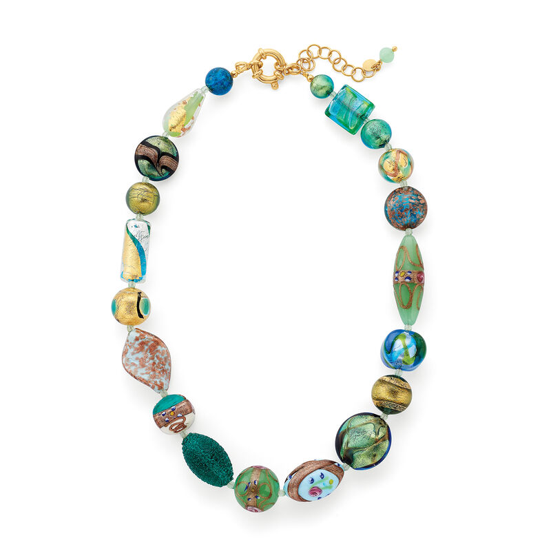 Italian Green and Blue Murano Glass Bead Necklace with 18kt Gold Over Sterling image number 4