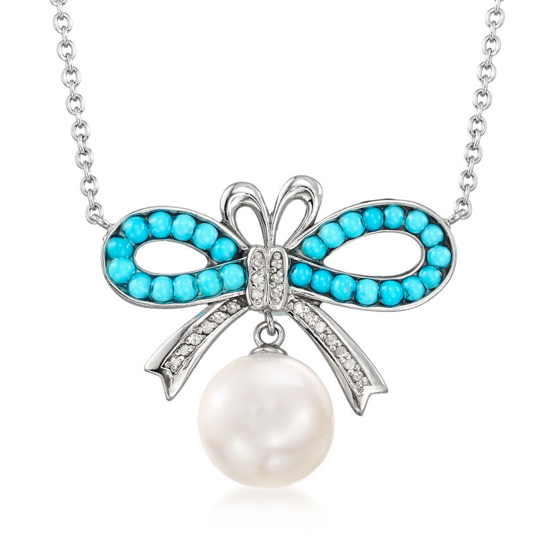 10-11mm Cultured Pearl, Turquoise and .62 ct. t.w. Diamond Bow Necklace in Sterling Silver. 18&quot; image number 1