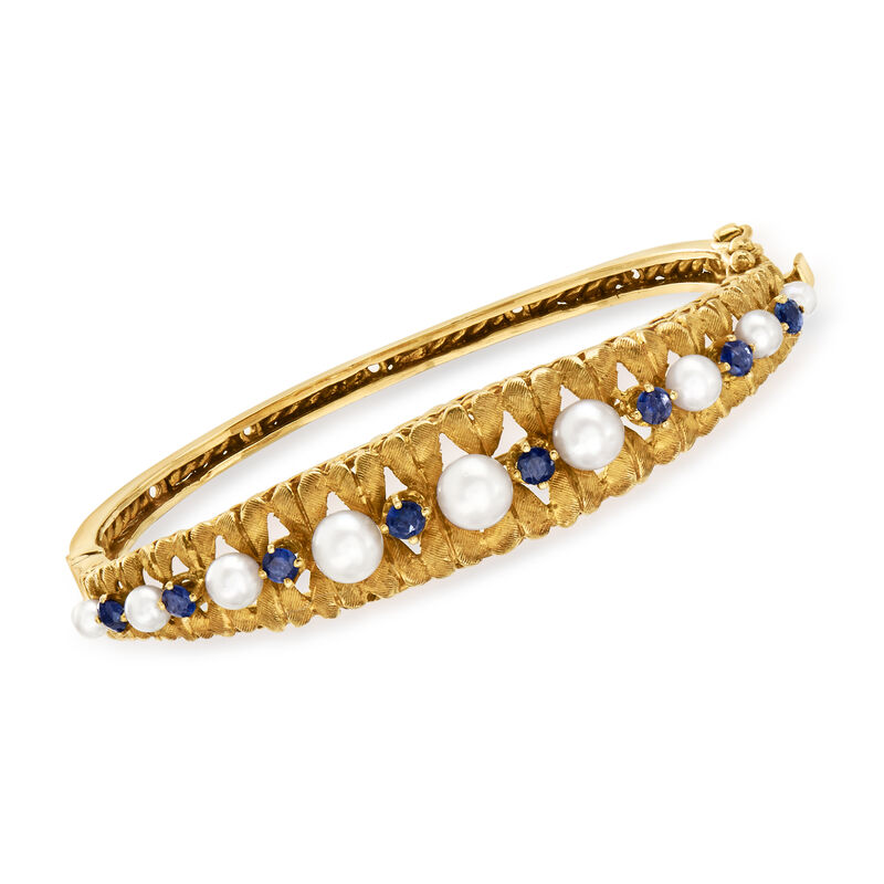 C. 1980 Vintage 3-5.5mm Cultured Pearl and 1.20 ct. t.w. Sapphire Bangle Bracelet in 14kt Yellow Gold image number 0