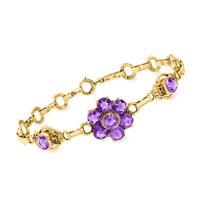 C. 1930 Vintage 3.60 ct. t.w. Amethyst Flower Bracelet in 14kt Yellow Gold