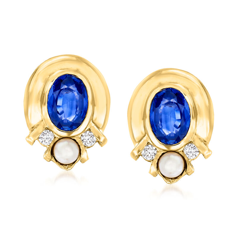C. 1980 Vintage 3.5mm Cultured Pearl, 2.70 ct. t.w. Sapphire and .16 ct. t.w. Diamond Earrings in 18kt Yellow Gold image number 0