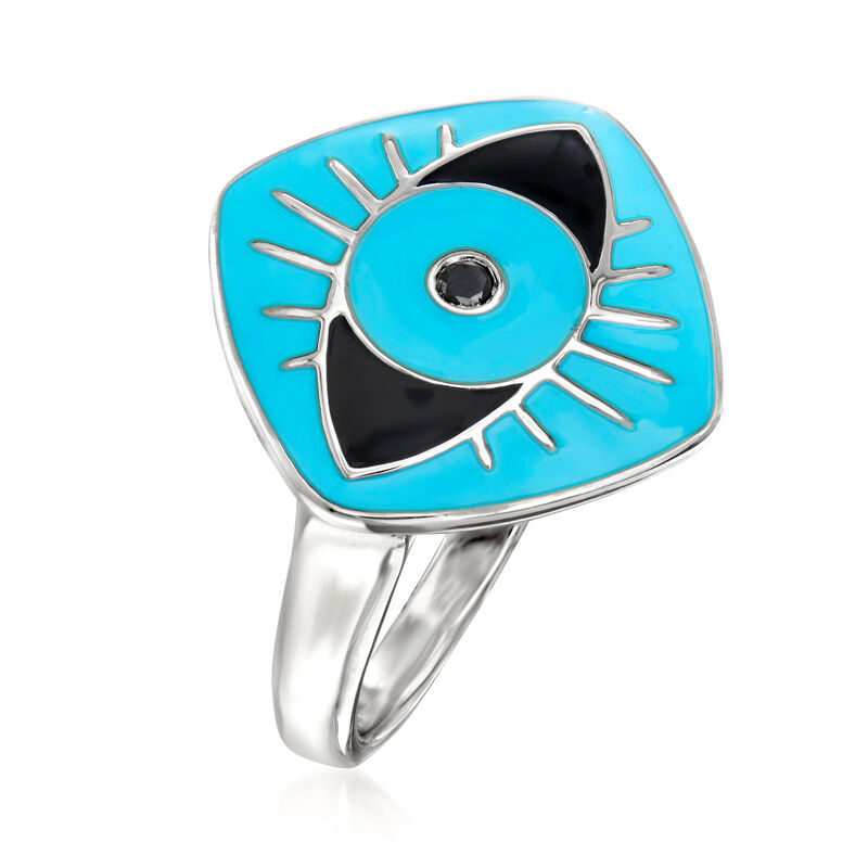 Blue and Black Enamel Evil Eye Ring with Black Diamond Accent in Sterling Silver image number 2