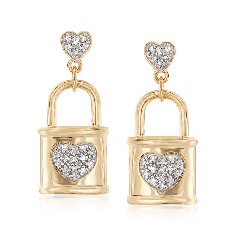 .10 ct. t.w. Diamond Heart and Lock Drop Earrings in 18kt Gold Over Sterling image number 0