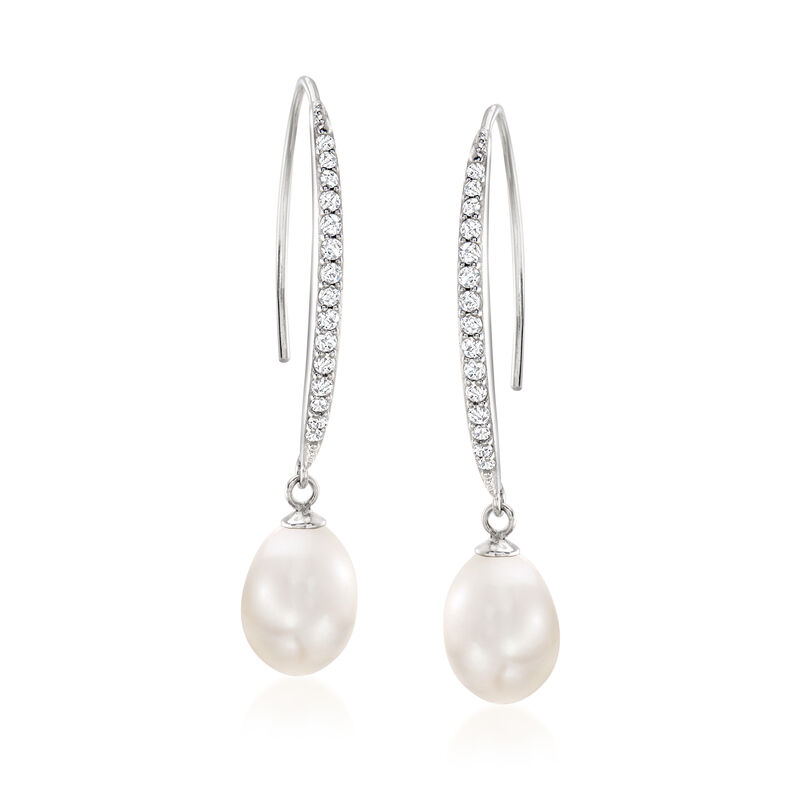 8x10mm Cultured Pearl and .38 ct. t.w. CZ Drop Earrings in Sterling Silver image number 0