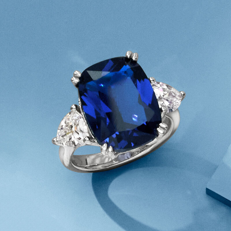 12.25 Carat Cushion-Cut Simulated Sapphire and 1.75 ct. t.w. CZ Ring in Sterling Silver image number 4