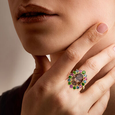 5.50 Carat Smoky Quartz and 2.50 ct. t.w. Multi-Gemstone Ring in 18kt Gold Over Sterling