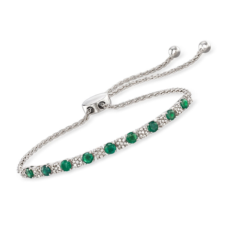 1.20 ct. t.w. Emerald and .20 ct. t.w. Diamond Bolo Bracelet in Sterling Silver image number 0