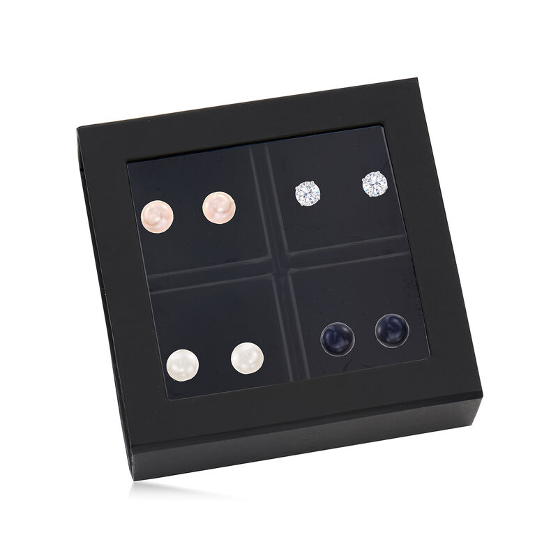 9-9.5mm Multicolored Cultured Pearl and 3.80 ct. t.w. CZ Jewelry Set: Four Pairs of Stud Earrings in Sterling Silver image number 2