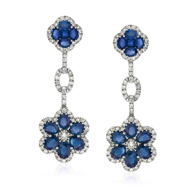 5.10 ct. t.w. Sapphire and 1.72 ct. t.w. Diamond Floral Drop Earrings in 18kt White Gold image number 0