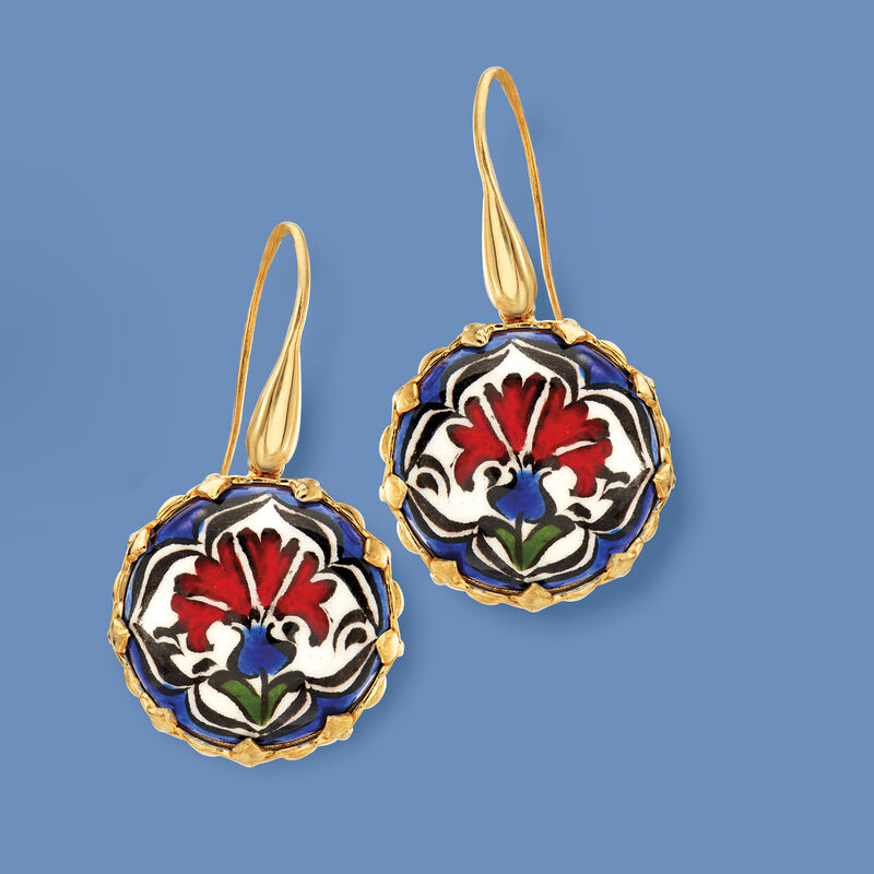 Hand-Painted Ceramic Floral Drop Earrings in 18kt Gold Over Sterling image number 2