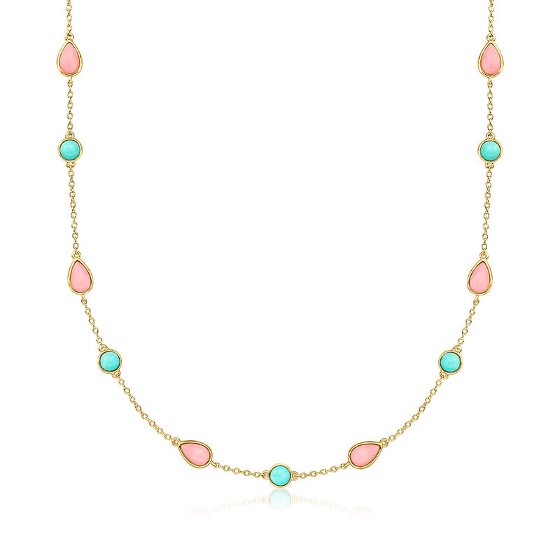 Pink Coral and Turquoise Necklace in 18kt Gold Over Sterling. 20&quot; image number 1