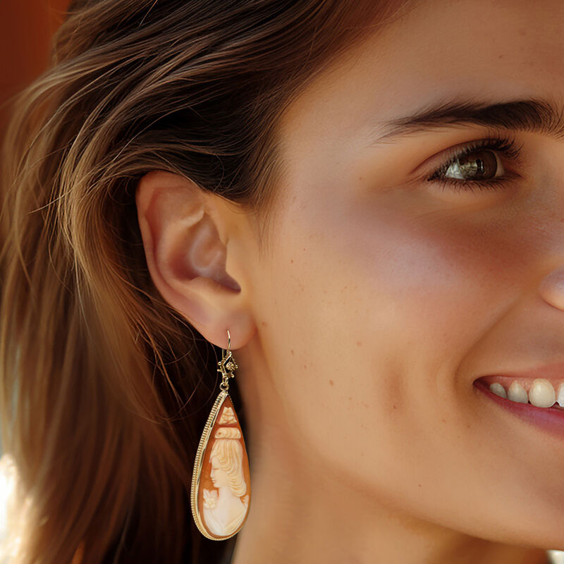 C. 1970 Vintage Brown Shell Cameo Teardrop Earrings in 14kt Yellow Gold image number 1