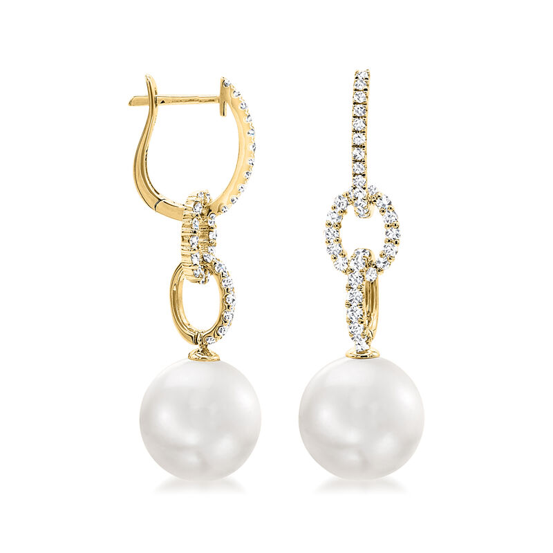 12-13mm Cultured South Sea Pearl Drop Earrings with .80 ct. t.w. Diamonds in 18kt Yellow Gold  image number 1