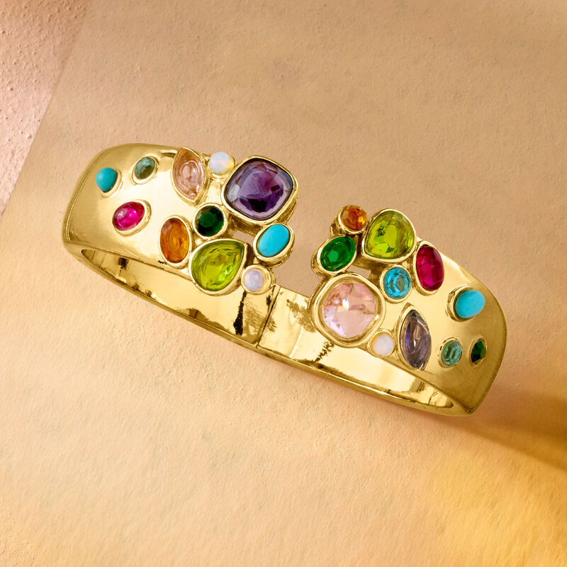 14kt Yellow Gold-Plated Cuff Bracelet with Simulated Multicolored Gemstones image number 2