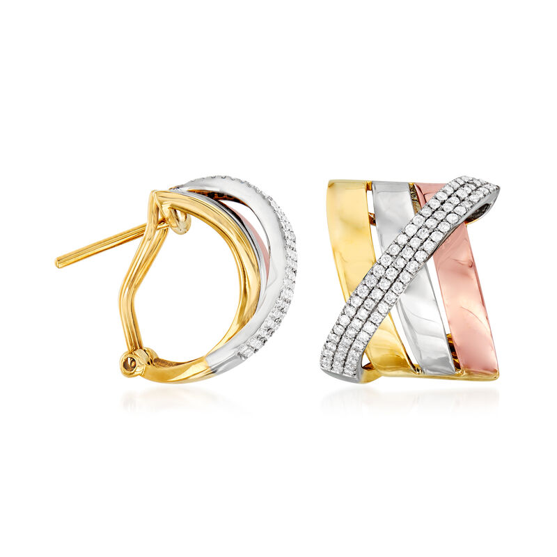 .60 ct. t.w. Diamond Sash C-Hoop Earrings in 14kt Tri-Colored Gold image number 2