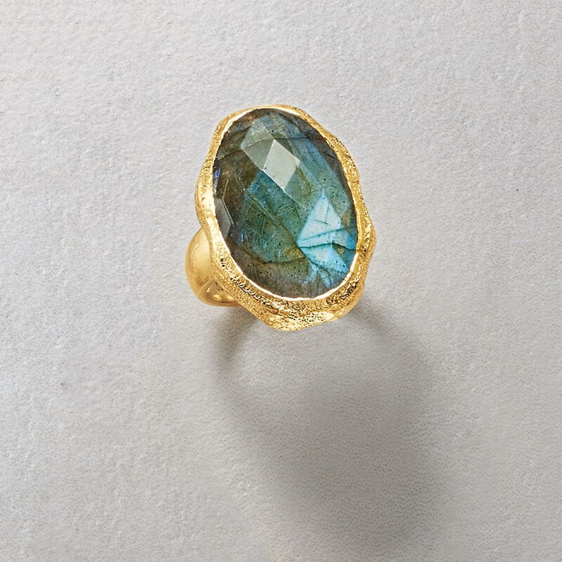 Oval Labradorite Textured and Polished Ring in 18kt Gold Over Sterling image number 3