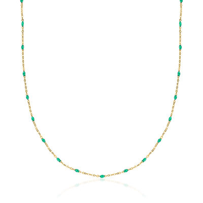 Italian Green Enamel Station Necklace in 14kt Yellow Gold