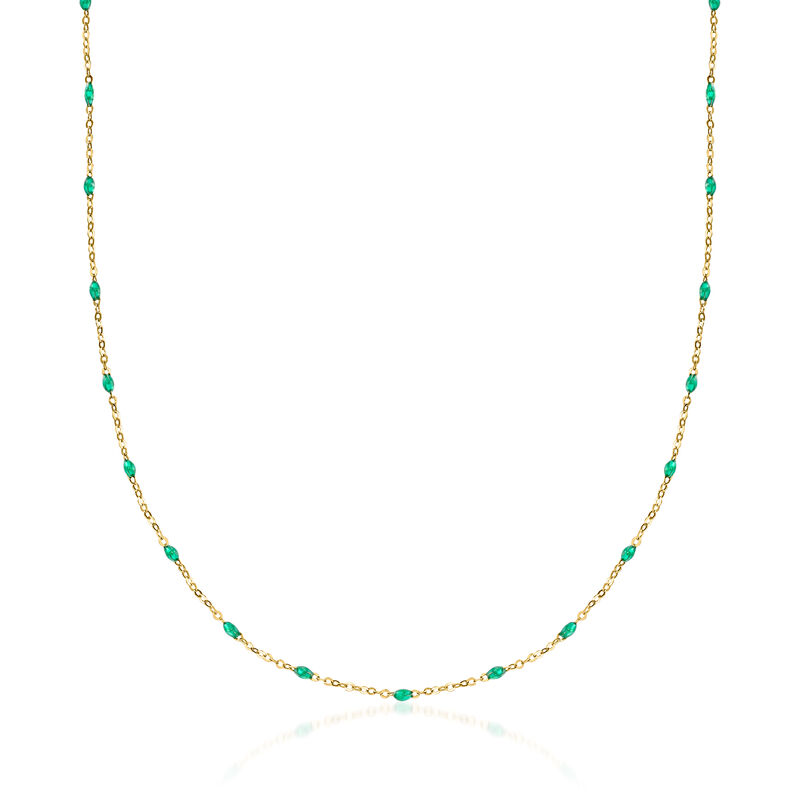 Italian Green Enamel Station Necklace in 14kt Yellow Gold. 16" image number 0