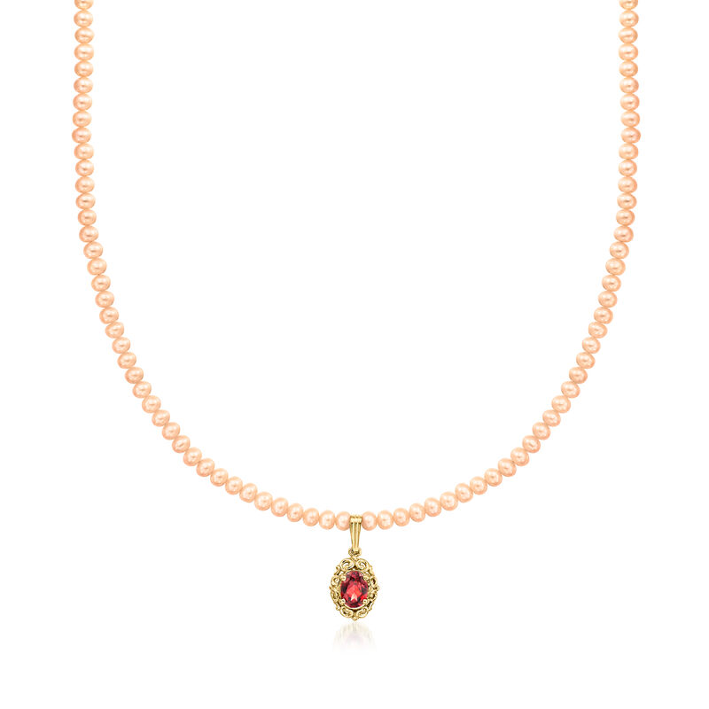 C. 1980 Vintage 1.40 Carat Garnet and 4x3.5mm Peach Cultured Pearl Necklace in 14kt Yellow Gold. 17&quot; image number 0