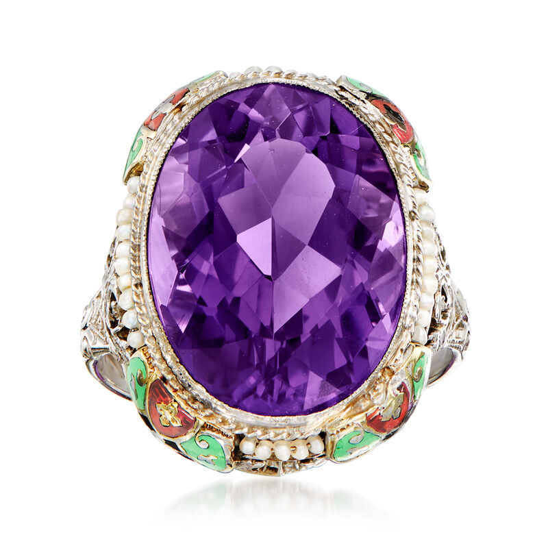 C. 1950 Vintage 14.50 Carat Amethyst and Seed Pearl Ring with Multicolored Enamel in 14kt White Gold. Size 6 image number 0