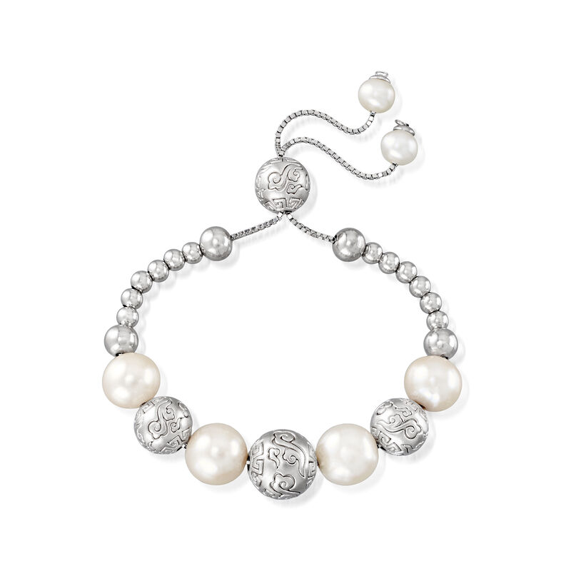 6-11mm Cultured Pearl and 4-12mm Sterling Silver Beaded Bolo Bracelet image number 2