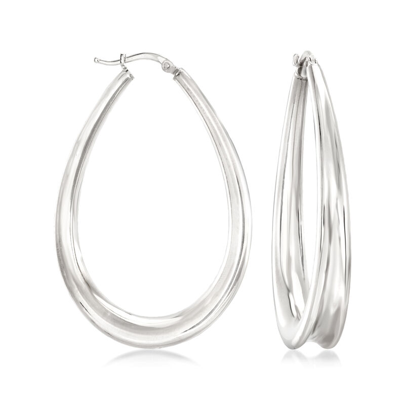 Italian Sterling Silver Concave Teardrop Hoop Earrings. 2&quot; image number 0