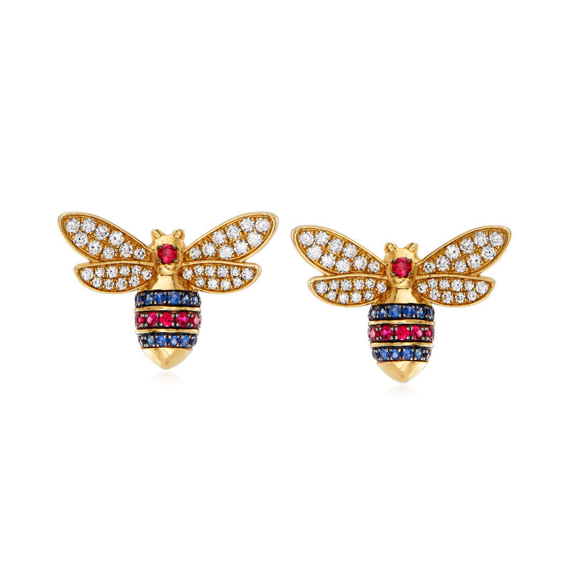1.20 ct. t.w. Diamond, .40 ct. t.w. Ruby and .30 ct. t.w. Sapphire Bumblebee Earrings in 14kt Yellow Gold image number 0