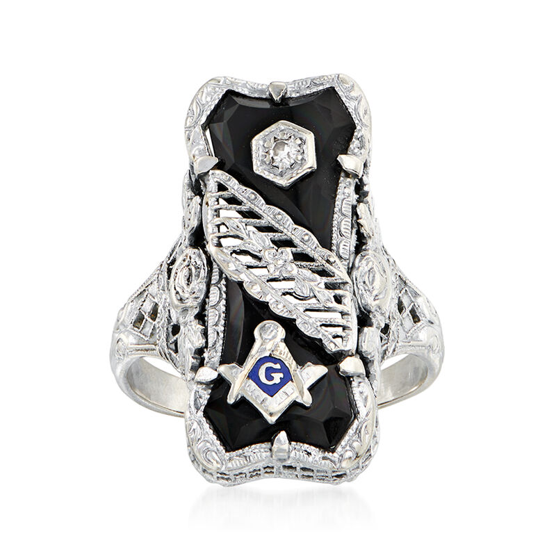 C. 1960 Vintage Diamond-Accented Black Onyx Masonic Ring in 14kt White Gold image number 0