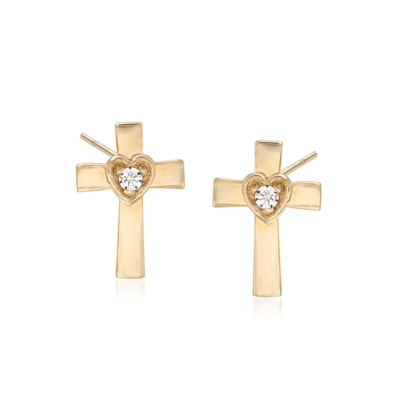 Child's 14kt Yellow Gold Cross and Heart Earrings with CZ Accents image number 0