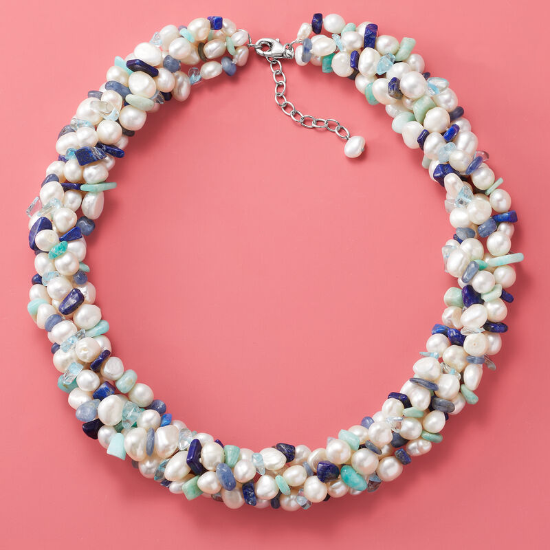 5-7mm Cultured Pearl and Multi-Gemstone Torsade Necklace with Sterling Silver image number 4