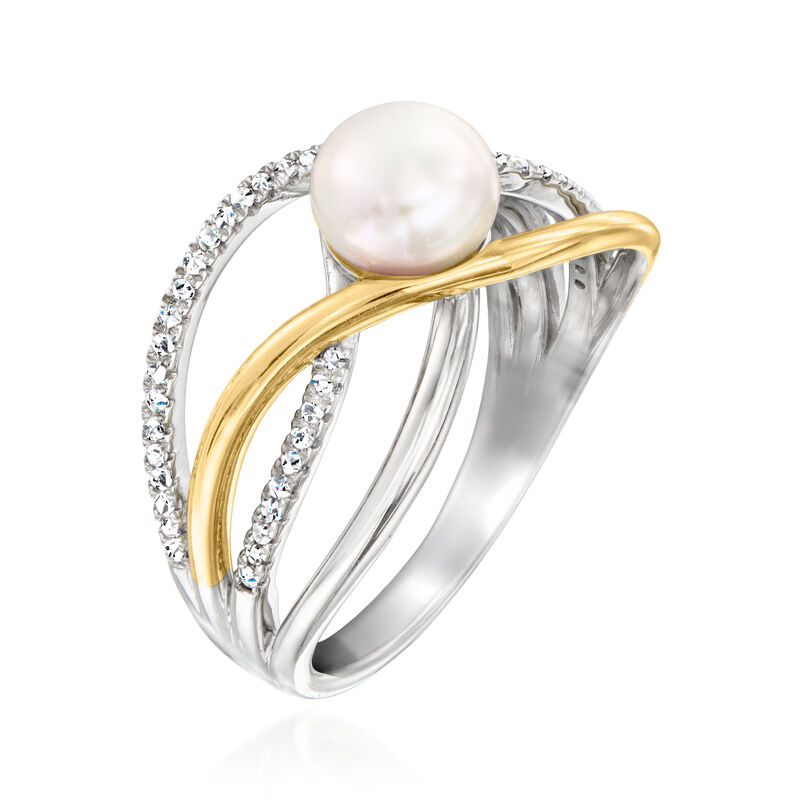 6.5-7mm Cultured Pearl Highway Ring with .16 ct. t.w. Diamonds in Sterling Silver and 18kt Gold Over Sterling image number 2