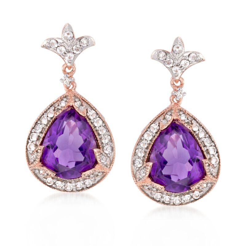 4.20 ct. t.w. Amethyst and .40 ct. t.w. White Topaz Drop Earrings with Diamonds in 14kt Rose Gold Over Sterling image number 0